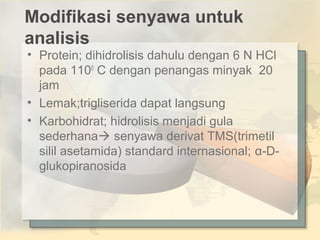 Modifikasi senyawa untuk
analisis

• Protein; dihidrolisis dahulu dengan 6 N HCl
pada 1100 C dengan penangas minyak 20
jam
• Lemak;trigliserida dapat langsung
• Karbohidrat; hidrolisis menjadi gula
sederhana senyawa derivat TMS(trimetil
silil asetamida) standard internasional; α-Dglukopiranosida

 