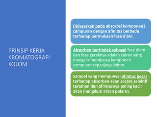 PRINSIP KERJA
KROMATOGRAFI
KOLOM
Didasarkan pada absorbsi komponen2
campuran dengan afinitas berbeda
terhadap permukaan fase diam.
Absorben bertindak sebagai fase diam
dan fase geraknya adalah cairan yang
mengalir membawa komponen
campuran sepanjang kolom.
Sampel yang mempunyai afinitas besar
terhadap absorben akan secara selektif
tertahan dan afinitasnya paling kecil
akan mengikuti aliran pelarut.
 