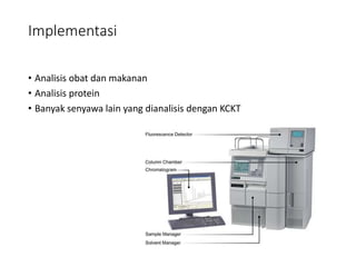 Implementasi
• Analisis obat dan makanan
• Analisis protein
• Banyak senyawa lain yang dianalisis dengan KCKT
 