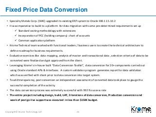 Copyright© Krome Technology LLP. 16
Fixed Price Data Conversion
• Specialty Metals Corp. (SMC) upgraded its existing ERP system to Oracle EBS 11.5.10.2
• It was imperative to build to a platform for data migration with some pre-determined requirements set up
 Standard costing methodology with extensions
 Incorporation of PCC (holding company) chart of accounts
 Common application platform
• Krome Technical team worked with functional leaders / business users to create the technical architecture to
define roadmap for business requirements.
• Evaluative exercises like data mapping, analysis of master and transactional data , selection criteria of data to be
converted were finalized and got approved from the client.
• Leveraging Krome’s in-house built “Data Conversion Toolkit”, data conversion for 20+ components carried out
using Oracle standard APIs & Interfaces. A custom validation program generates report for data validation
which was verified with client prior to data conversion into target system.
• To add transparency, post conversion an independent assessment of converted data took place to gauge the
successful completion of the activity.
• The data conversion process was extremely successful with 99.5% success rate
• The entire project including design, build, UAT, 3 iterations of data conversion, Production conversion and
week of post go-live support was executed in less than $150K budget.
 