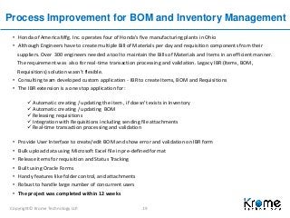 Copyright© Krome Technology LLP. 19
Process Improvement for BOM and Inventory Management
• Honda of America Mfg. Inc. operates four of Honda’s five manufacturing plants in Ohio
• Although Engineers have to create multiple Bill of Materials per day and requisition components from their
suppliers. Over 300 engineers needed a tool to maintain the Bills of Materials and Items in an efficient manner.
The requirement was also for real-time transaction processing and validation. Legacy IBR (Items, BOM,
Requisitions) solution wasn’t flexible.
• Consulting team developed custom application - IBR to create Items, BOM and Requisitions
• The IBR extension is a one stop application for:
 Automatic creating / updating the item , if doesn’t exists in Inventory
 Automatic creating / updating BOM
 Releasing requisitions
 Integration with Requisitions including sending file attachments
 Real-time transaction processing and validation
• Provide User Interface to create/edit BOM and show error and validation on IBR form
• Bulk upload data using Microsoft Excel file in pre-defined format
• Release items for requisition and Status Tracking
• Built using Oracle Forms
• Handy features like folder control, and attachments
• Robust to handle large number of concurrent users
• The project was completed within 12 weeks
 
