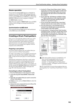 Drum Track function settings Creating a Drum Track pattern
103
Master operation
If you want an external MIDI device or computer to 
synchronize to the KROME’s MIDI timing clock and 
realtime commands, connect the KROME’s MIDI OUT 
to your external MIDI device’s MIDI IN, or connect the 
KROME’s USB port to your computer’s USB port.
Set MIDI Clock to Internal. 
Note: The same applies if MIDI Clock=Auto and MIDI 
realtime clock messages are being transmitted (see 
page 111).
Synchronization via MIDI clock
The connected external MIDI device will synchronize 
to the MIDI clock of the KROME.
Creating a Drum Track pattern
Once you’ve converted the pattern in this way, you’ll 
be able to use it with the drum track in each mode. 
These converted Drum Track patterns are held in 
internal memory even after you turn off the power. 
This means you can manage them together with the 
programs and combinations.
Preparing a user pattern
You’ll first need to prepare the user pattern that you 
want to convert to a Drum Track pattern.
To create a user pattern, you can realtime‐record it (see 
page 65) in the Seq P10: Pattern/RPPR– Pattern Edit 
page, or step‐record it (see page 167 of the Parameter 
Guide).
Alternatively, performance data from a track can be 
imported into a pattern, meaning that performance 
data you’ve created in a track or SMF data you’ve 
loaded in Media mode can be used as a user pattern. To 
do this, execute the Get From Track menu command in 
the Seq P10: Pattern/RPPR– Pattern Edit page (see 
page 187 of the Parameter Guide).
Converting to a Drum Track pattern
1. Press the SEQ button to enter Sequencer mode. 
2. Access the Seq P10: Patern/RPPR– Pattern Edit 
page.
3. Select the user pattern that you want to convert to 
a Drum Track pattern.
Set Pattern to User, and use Pattern Select to select the 
desired pattern.
4. Choose the menu command Convert to Drum Trk 
Pattern to access the dialog box.
5. Use the To “Drum Track Pattern Select” field to 
specify the user Drum Track pattern number that 
will hold the converted data. When you execute 
the command, the data will be overwritten onto 
this number.
6. If you select the “All Patterns available in Song 
***” option, all patterns in the song that contain 
note data will be converted, starting with the 
number you specified in step 3.
7. If you execute this command with “Note Only” 
selected, only the note events will be converted.
8. Press the OK button or the ENTER button to 
execute. If you decide not to execute, press the 
Cancel button or the EXIT button.
9. As described in “Using the Drum Track function 
in Program mode” on page 97, set the Drum Track 
“Pattern Bank” to User, and set “Pattern No.” to 
the user Drum Track pattern you converted. Then 
play the Drum Track pattern.
If the drum pattern memory is insufficient, or if 
there are not enough pattern slots, the error 
message “Not enough Drum Track pattern 
memory” or “Not enough Drum Track pattern 
locations available” will appear, and the command 
cannot be executed.
Tip: It’s a good idea to convert drum patterns that you 
use frequently. Use “Load Drum Track Pattern” to load 
them.
Internal memory (saved inside the KROME)
Song
Drum Track
Track/RPPR
Program
/Combination
Drum Track
Convert to
Drum Track Pattern
100
User
Pattern
Preset
Pattern
User
Drum Track
Pattern
Sequencer memory
(Not saved internally;
save on external USB
media.)
 