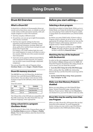 105
Using Drum Kits
Drum Kit Overview
What’s a Drum Kit?
A drum kit is a collection of drumsamples (drum set 
sounds such as bass drum, snare, or cymbals, as well as 
a wide variety of other percussion sounds), with each 
sample assigned to a note of the keyboard.
• Each key can play a different sound
• On each key, you can use up to eight Drumsamples, 
with velocity crossfades
• Each key has separate settings for the most 
important sound parameters, including volume, 
filter cutoff and resonance, envelope attack and 
decay, pitch, drive and low boost, and gain for each 
band of the Program EQ. 
For instance, you could combine high drive and 
low cutoff frequency to create a lo‐fi effect on only a 
few sounds, while the rest of the sounds remained 
clear and pristine.
• Each note can be routed to different Insert Effects, 
or have separate FX Send amounts. For instance, 
you can send a snare sound through a dedicated 
compressor. 
You can use Drum Kits only in Programs whose 
Oscillator Mode is set to Single or Double Drums.
Drum Kit memory structure
The KROME has over 161 Drum Kits, divided into 
Internal, User, and GM (General MIDI) groups as 
shown below. You can edit or write into any of the 
locations except for the GM bank, which cannot be 
erased. 
Drum Kit contents
The 9 Drum Kits in the GM bank are compatible with 
the GM2 sound map. The other Drum Kits may use 
different mappings, where appropriate.
Using a drum kit in a program
(Oscillator Mode)
In the Program P1: Basic Ctrls– Program Basic page, set 
the Oscillator Mode parameter to Drums or Double 
Drums. Then for the oscillator, select the drum kit that 
you want to use.
Before you start editing…
Selecting a drum program
Drum Kits are edited in Global Mode. While you’re in 
Global Mode, you’ll play the kit that you’re editing as if 
you were playing it from within the Program, Combi, 
or Song which was selected before you entered Global 
mode.
So, before you enter Global mode, it’s best to select a 
Program which is already set up for drums, with the 
appropriate EG settings, effects, and so on. Just use the 
Program Category select popup, and choose a drum 
Program such as “Studio Standard Kit.”
Even if the program’s oscillator is set to Double 
Drums, this page will show only the single drum 
kit that is selected by Drum Kit Select.
Matching the key of the keyboard
with the drum kit
In order for the note mappings to match the keyboard, 
the Oscillator’s Octave setting needs to be +0 [8ʹ]. All 
Drum Kit Programs should have this setting already. If 
you’re unsure, you can check this yourself: 
1. Go to the OSC1 Setup tab of the OSC/Pitch page.
With a setting other than +0 [8ʹ], the relationship 
between the keys and the Drum Kit sound map will be 
incorrect.
2. Set the Global P0: Basic Setup– Basic parameter 
“Key Transpose” to +00.
Make sure that Memory Protect is
disabled
Before you start editing, go to the Global P0: Basic 
Setup– System Preferences page, and look in the 
Memory Protect section. Make sure that Drum Kit is 
not checked–if so, you won’t be able to make any edits.
Drum Kits may be used by more than
one Program
When you edit a Drum Kit, all Programs that use that 
Drum Kit will be affected. To avoid changing the 
factory voicing, you may wish to copy Drum Kits to 
empty locations in the USER banks before editing.
Bank No. Contents
INT 00...31 Preload Drum Kits
User 32...47 User Drum Kits
GM 0 48...56 GM2 Drum Kits
 