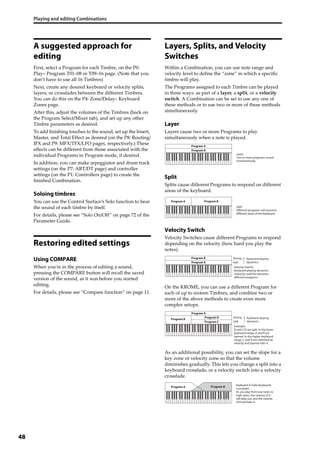 Playing and editing Combinations
48
A suggested approach for
editing
First, select a Program for each Timbre, on the P0: 
Play– Program T01–08 or T09–16 page. (Note that you 
don’t have to use all 16 Timbres)
Next, create any desired keyboard or velocity splits, 
layers, or crossfades between the different Timbres. 
You can do this on the P4: Zone/Delay– Keyboard 
Zones page.
After this, adjust the volumes of the Timbres (back on 
the Program Select/Mixer tab), and set up any other 
Timbre parameters as desired.
To add finishing touches to the sound, set up the Insert, 
Master, and Total Effect as desired (on the P8: Routing/
IFX and P9: MFX/TFX/LFO pages, respectively.) These 
effects can be different from those associated with the 
individual Programs in Program mode, if desired.
In addition, you can make arpeggiator and drum track 
settings (on the P7: ART/DT page) and controller 
settings (on the P1: Controllers page) to create the 
finished Combination.
Soloing timbres
You can use the Control Surface’s Solo function to hear 
the sound of each timbre by itself.
For details, please see “Solo On/Off” on page 72 of the 
Parameter Guide. 
Restoring edited settings
Using COMPARE
When you’re in the process of editing a sound, 
pressing the COMPARE button will recall the saved 
version of the sound, as it was before you started 
editing. 
For details, please see “Compare function” on page 11.
Layers, Splits, and Velocity
Switches
Within a Combination, you can use note range and 
velocity level to define the “zone” in which a specific 
timbre will play. 
The Programs assigned to each Timbre can be played 
in three ways: as part of a layer, a split, or a velocity 
switch. A Combination can be set to use any one of 
these methods or to use two or more of these methods 
simultaneously.
Layer
Layers cause two or more Programs to play 
simultaneously when a note is played.
Split
Splits cause different Programs to respond on different 
areas of the keyboard.
Velocity Switch
Velocity Switches cause different Programs to respond 
depending on the velocity (how hard you play the 
notes).
On the KROME, you can use a different Program for 
each of up to sixteen Timbres, and combine two or 
more of the above methods to create even more 
complex setups.
As an additional possibility, you can set the slope for a 
key zone or velocity zone so that the volume 
diminishes gradually. This lets you change a split into a 
keyboard crossfade, or a velocity switch into a velocity 
crossfade.
Program B
Program A
Layer:
Two or more programs sound
simultaneously.
Program BProgram A
Split:
Different programs will sound in
different areas of the keyboard.
Program A
Program B Keyboard playing
dynamics
Strong
Soft
Velocity Switch:
Keyboard playing dynamics
(velocity) switches between
different programs.
Program C
Program D
Program B
Program A
Keyboard playing
dynamics
Strong
Soft
Example:
B and C/D are split. In the lower
keyboard range, A and B are
layered. In the higher keyboard
range, C and D are switched by
velocity and layered with A.
Program A Program B
Keyboard X-Fade (keyboard
crossfade):
As you play from low notes to
high notes, the volume of A
will fade out, and the volume
of B will fade in.
 