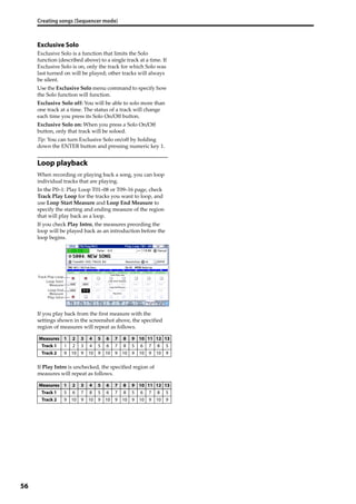 Creating songs (Sequencer mode)
56
Exclusive Solo
Exclusive Solo is a function that limits the Solo 
function (described above) to a single track at a time. If 
Exclusive Solo is on, only the track for which Solo was 
last turned on will be played; other tracks will always 
be silent.
Use the Exclusive Solo menu command to specify how 
the Solo function will function.
Exclusive Solo off: You will be able to solo more than 
one track at a time. The status of a track will change 
each time you press its Solo On/Off button.
Exclusive Solo on: When you press a Solo On/Off 
button, only that track will be soloed.
Tip: You can turn Exclusive Solo on/off by holding 
down the ENTER button and pressing numeric key 1.
Loop playback
When recording or playing back a song, you can loop 
individual tracks that are playing.
In the P0–1: Play Loop T01–08 or T09–16 page, check 
Track Play Loop for the tracks you want to loop, and 
use Loop Start Measure and Loop End Measure to 
specify the starting and ending measure of the region 
that will play back as a loop.
If you check Play Intro, the measures preceding the 
loop will be played back as an introduction before the 
loop begins.
If you play back from the first measure with the 
settings shown in the screenshot above, the specified 
region of measures will repeat as follows.
If Play Intro is unchecked, the specified region of 
measures will repeat as follows.
Measures 1 2 3 4 5 6 7 8 9 10 11 12 13
Track 1 1 2 3 4 5 6 7 8 5 6 7 8 5
Track 2 9 10 9 10 9 10 9 10 9 10 9 10 9
Measures 1 2 3 4 5 6 7 8 9 10 11 12 13
Track 1 5 6 7 8 5 6 7 8 5 6 7 8 5
Track 2 9 10 9 10 9 10 9 10 9 10 9 10 9
Loop Start
Measure
Play Intro
Track Play Loop
Loop End
Measure
 