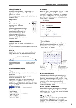 Front and rear panels Objects in the display
5
i: Popup button (1)
When this button is pressed, a popup menu will 
appear, showing the parameter values that are 
available for selection.
To enter the parameter value, press the desired value in 
the popup menu.
* Popup menu
Pin
This switches the popup menu 
display between locked and 
unlocked.
When locked, the pin will be shown 
closed, and the popup menu will 
remain displayed even after you 
press a parameter value. When 
unlocked, the pin will be shown 
opened, and the popup menu will 
close immediately when you press a 
parameter value.
j: Popup button (2)
When you press this button, a tabbed menu will 
appear.
To close a tabbed menu, press the OK button or Cancel 
button.
Scroll bar
Use this when you need to see parameter values that 
extend beyond what can be shown in the display at 
one time.
k: Menu command button
* Menu
When this button is pressed, a list of menu commands 
will appear.
The menu commands that appear will differ 
depending on the selected page.
You can also select up to ten menu commands by 
holding down the ENTER button and pressing a 
numeric key 0–9. The menu will close when you press 
the display in a location other than the menu, or when 
you press the EXIT button.
* Dialog box
When you select a menu command, you’ll see a screen 
containing the settings needed to execute the 
command. This is called a dialog box. The dialog box 
that appears will depend on the menu command that 
you select. Some commands, such as Exclusive Solo, 
do not display a dialog box.
* Text edit button
When you press this button, the text edit dialog box 
appears for changing the names of Programs, 
Combinations, Songs, etc. For details, please see 
“Editing names” on page 117.
* OK and Cancel buttons
After performing other operations in the dialog box, 
you can execute the command by pressing the OK 
button. To cancel without executing, press the Cancel 
button. (The operation will occur when you press and 
release the button.) The dialog box will close.
The EXIT button corresponds to the Cancel button, 
Done button, and Exit button.
* Done, Copy, and Insert buttons
There are buttons which perform function when they 
are pressed and released, such as Done, Copy, and 
Insert (similar to the OK and Cancel buttons explained 
under “* Dialog box,” above). 
l: Stopwatch button
When you press the button on the upper right of the 
display, the time elapsed since power‐on will be 
displayed. You can use the START/STOP button and 
RESET button to measure elapsed time. This is 
Pin
Press here to scroll to left or right.
Press here and slide to left or
right to scroll to the desired
location.
Press here to scroll to the
corresponding location.
Menu command button
Menu button
Text edit button
Cancel button OK button
Character
buttons
Shift button
Switches
between
uppercase and
lowercase
characters.Delete button
Deletes the
character to the
left of the cursor.
Cursor buttons
Move the cursor
to left or right.
Space button
Insert a space at
the cursor location.
Clear button
Delete all characters
of the text.
Cancel button, OK button
If you are satisfied with the text
that you input, press the OK
button. If you wish to discard
your input and exit the text edit
box, press the Cancel button.
Cursor
Character Set Selects
the type of character.Text
 