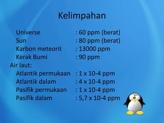 Kelimpahan
Universe : 60 ppm (berat)
Sun : 80 ppm (berat)
Karbon meteorit : 13000 ppm
Kerak Bumi : 90 ppm
Air laut:
Atlantik permukaan : 1 x 10-4 ppm
Atlantik dalam : 4 x 10-4 ppm
Pasifik permukaan : 1 x 10-4 ppm
Pasifik dalam : 5,7 x 10-4 ppm
 