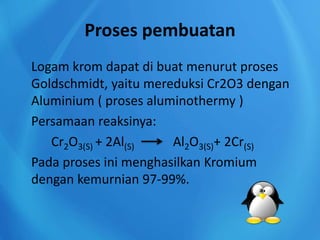 Proses pembuatan
Logam krom dapat di buat menurut proses
Goldschmidt, yaitu mereduksi Cr2O3 dengan
Aluminium ( proses aluminothermy )
Persamaan reaksinya:
Cr2O3(S) + 2Al(S) Al2O3(S)+ 2Cr(S)
Pada proses ini menghasilkan Kromium
dengan kemurnian 97-99%.
 