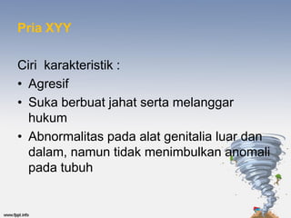 Pria XYY

Ciri karakteristik :
• Agresif
• Suka berbuat jahat serta melanggar
  hukum
• Abnormalitas pada alat genitalia luar dan
  dalam, namun tidak menimbulkan anomali
  pada tubuh
 