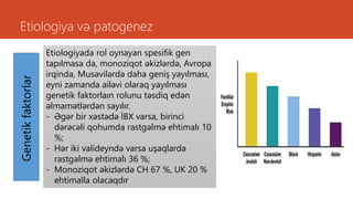 Etiologiya və patogenezGenetikfaktorlar
Etiologiyada rol oynayan spesifik gen
tapılmasa da, monoziqot əkizlərdə, Avropa
irqində, Musəvilərdə daha geniş yayılması,
eyni zamanda ailəvi olaraq yayılması
genetik faktorlaın rolunu təsdiq edən
əlmamətlərdən sayılır.
- Əgər bir xəstədə İBX varsa, birinci
dərəcəli qohumda rastgəlmə ehtimalı 10
%;
- Hər iki valideyndə varsa uşaqlarda
rastgəlmə ehtimalı 36 %;
- Monoziqot əkizlərdə CH 67 %, UK 20 %
ehtimalla olacaqdır
 