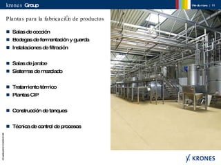 Plantas para la fabricación de productos Salas de cocción Bodegas de fermentación y guarda Instalaciones de filtración Salas de jarabe Sistemas de mezclado Tratamiento térmico Plantas CIP Construcción de tanques Técnica de control de procesos 