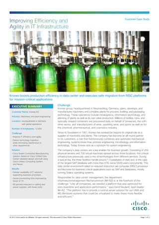 EXECUTIVE SUMMARY
Challenge
Krones group, headquartered in Neutraubling, Germany, plans, develops, and
manufactures machinery and complete plants for process, bottling, and packaging
technology. These operations include intralogistics, information technology, and
planning of plants as well as its own valve production. Millions of bottles, cans, and
specially shaped containers are processed daily on behalf of breweries, the soft-
drink sector, and manufacturers of wine, sparkling wine, and spirits as well as for
the chemical, pharmaceutical, and cosmetics industry.
Since its foundation in 1951, Krones has evolved far beyond its original role as a
supplier of machinery and plants. The company has become an all-round partner
to its customers, a role that harmoniously combines and optimizes mechanical
engineering, systems know-how, process engineering, microbiology, and information
technology. Today, Krones acts as a synonym for system engineering.
The company’s data centers are a key enabler for business growth. Consisting of 200
physical servers and 700 virtual machines spread across three locations, this critical
infrastructure previously used a mix of technologies from different vendors. During
a typical day, the three facilities handle around 1.3 petabytes of data and, in the case
of the largest SAP database with more than 6TB, serve 5500 users concurrently. This
data center environment relied on reduced instruction set computer (RISC) processor
architectures for business critical applications such as SAP and databases, mostly
running Solaris operating systems.
Responsible for data center management, the department
Informationsmanagement Rechenzentrum (IM-RZ) is at the forefront of this
challenge. “Like all companies, we needed a platform that was optimized for
zero downtime and application performance,” says Gerd Neuland, team leader
IM-RZ. “The platform has to provide a central server solution for our UNIX and
MS Windows systems that could be virtualized to make these more flexible
and efficient.”
Customer Case Study
Improving Efficiency and
Agility in IT Infrastructure
Krones boosts production efficiency in data center and executes safe migration from RISC platforms
for mission-critical applications
Customer Name: Krones AG
Industry: Machinery and plant engineering
Location: Headquartered in Germany
with global operations
Number of Employees: 12,000
Challenge
•	Improve IT efficiency and agility
•	Deliver technology migration
while minimizing interference to
other departments
Solution
•	Cisco Smart+Connected Manufacturing
solution, based on Cisco Unified Data
Center validated design and built using
Cisco Unified Computing System
and Nexus
Results
•	Greater availability of IT solutions
supporting business processes
•	Server provisioning time improved by
factor of 10
•	90 percent reduction in cabling and
power supplies, with fewer ports
© 2013 Cisco and/or its affiliates. All rights reserved. This document is Cisco Public Information.		 Page 1 of 3
 