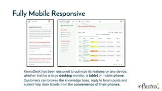®
®
Fully Mobile Responsive
KronoDesk has been designed to optimize its features on any device,
whether that be a large desktop monitor, a tablet or mobile phone.
Customers can browse the knowledge base, reply to forum posts and
submit help desk tickets from the convenience of their phones.
 