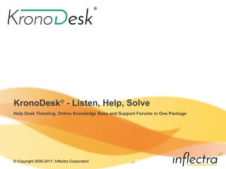© Copyright 2006-2017, Inflectra Corporation - 1 -
KronoDesk®
- Listen, Help, Solve
Help Desk Ticketing, Online Knowledge Base and Support Forums in One Package
 