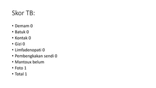Skor TB:
• Demam 0
• Batuk 0
• Kontak 0
• Gizi 0
• Limfadenopati 0
• Pembengkakan sendi 0
• Mantoux belum
• Foto 1
• Total 1
 
