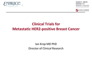 Clinical Trials for
Metastatic HER2-positive Breast Cancer
Ian Krop MD PhD
Director of Clinical Research
 
