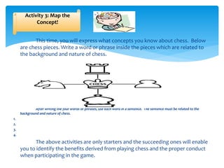 This time, you will express what concepts you know about chess. Below
are chess pieces. Write a word or phrase inside the pieces which are related to
the background and nature of chess.
After writing the four words or phrases, use each word in a sentence. The sentence must be related to the
background and nature of chess.
1.
2.
3.
4.
The above activities are only starters and the succeeding ones will enable
you to identify the benefits derived from playing chess and the proper conduct
when participating in the game.
Activity 3: Map the
Concept!
 