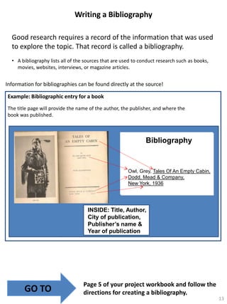 Writing a Bibliography
Good research requires a record of the information that was used
to explore the topic. That record is called a bibliography.
• A bibliography lists all of the sources that are used to conduct research such as books,
movies, websites, interviews, or magazine articles.

Information for bibliographies can be found directly at the source!
Example: Bibliographic entry for a book
The title page will provide the name of the author, the publisher, and where the
book was published.

Bibliography

Owl, Grey, Tales Of An Empty Cabin,
Dodd, Mead & Company,
New York, 1936

INSIDE: Title, Author,
City of publication,
Publisher’s name &
Year of publication
QuickTime™ and a
TIFF (Uncompressed) decompressor
are needed to see this picture.

GO TO

Page 5 of your project workbook and follow the
directions for creating a bibliography.
13

 