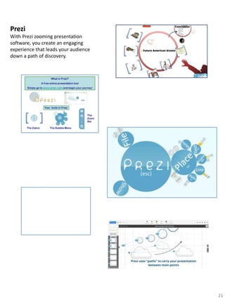 Prezi
With Prezi zooming presentation
software, you create an engaging
experience that leads your audience
down a path of discovery.

21

 