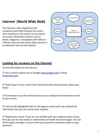 Internet (World Wide Web)
The Internet is like a big library that
computers (and other devices) can access
from anywhere in the world. Just as anyone
can access information sources such as
books, magazines, newspapers and videos in
a library, they can also access these sources in
an electronic form on the Internet.

Documents
From
Libraries

Images

Company Sites
Commerce Sites
(Amazon, etc.)

Internet
(World Wide Web)

Videos

Government
information

Other Stuff
Social media
Personal opinions
Blogs

Looking for answers on the Internet
To find information on the Internet:
1st Use a search engine such as Google (www.google.com) or Bing
(www.bing.com).

2nd Enter (type in) your search term (words that describe questions about your
topic).
3rd Scroll down or use the direction keys on your keyboard to review the results
of your search.
4th Click on the highlighted links on the page to review each site and look for
information that you can use for your research.
5th Repeat your search. If you are not satisfied with your original search results,
then you can try new words or combinations of words and search again. You can
do this again and again until you think you’ve got the complete answer to your
questions.
9

 