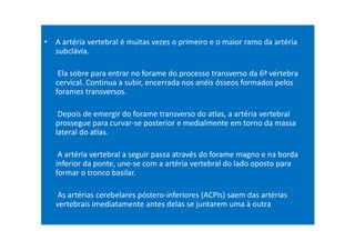 • A artéria vertebral é muitas vezes o primeiro e o maior ramo da artéria
subclávia.
Ela sobre para entrar no forame do processo transverso da 6ª vértebra
cervical. Continua a subir, encerrada nos anéis ósseos formados pelos
forames transversos.
Depois de emergir do forame transverso do atlas, a artéria vertebral
prossegue para curvar-se posterior e medialmente em torno da massa
lateral do atlas.
A artéria vertebral a seguir passa através do forame magno e na borda
inferior da ponte, une-se com a artéria vertebral do lado oposto para
formar o tronco basilar.
As artérias cerebelares póstero-inferiores (ACPIs) saem das artérias
vertebrais imediatamente antes delas se juntarem uma à outra
 