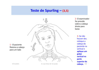 07/12/2015 Dr. José Heitor M. Fernandes 148
Teste de Spurling – (3,5)
1 - O paciente
flexiona a cabeça
para um lado
2- O examinador
faz pressão
sobre a cabeça
direto para
baixo
3- Se não
houver dor,
coloque a
cabeça do
paciente na
vertical e
aplique um
golpe
vertical na
parte
superior da
cabeça.
 