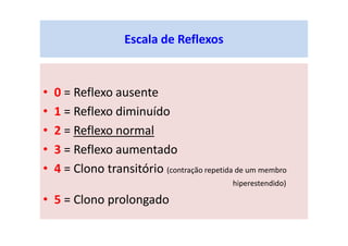 Escala de Reflexos
• 0 = Reflexo ausente
• 1 = Reflexo diminuído
• 2 = Reflexo normal
• 3 = Reflexo aumentado
• 4 = Clono transitório (contração repetida de um membro
hiperestendido)
• 5 = Clono prolongado
 