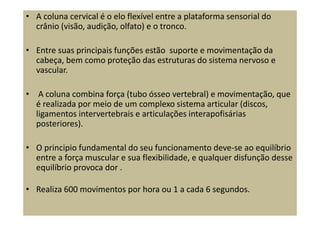 • A coluna cervical é o elo flexível entre a plataforma sensorial do
crânio (visão, audição, olfato) e o tronco.
• Entre suas principais funções estão suporte e movimentação da
cabeça, bem como proteção das estruturas do sistema nervoso e
vascular.
• A coluna combina força (tubo ósseo vertebral) e movimentação, que
é realizada por meio de um complexo sistema articular (discos,
ligamentos intervertebrais e articulações interapofisárias
posteriores).
• O principio fundamental do seu funcionamento deve-se ao equilíbrio
entre a força muscular e sua flexibilidade, e qualquer disfunção desse
equilíbrio provoca dor .
• Realiza 600 movimentos por hora ou 1 a cada 6 segundos.
 