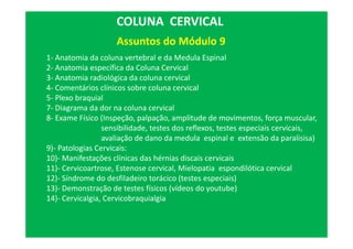 Assuntos do Módulo 9
COLUNA CERVICAL
1- Anatomia da coluna vertebral e da Medula Espinal
2- Anatomia específica da Coluna Cervical
3- Anatomia radiológica da coluna cervical
4- Comentários clínicos sobre coluna cervical
5- Plexo braquial
7- Diagrama da dor na coluna cervical
8- Exame Físico (Inspeção, palpação, amplitude de movimentos, força muscular,
sensibilidade, testes dos reflexos, testes especiais cervicais,
avaliação de dano da medula espinal e extensão da paralisisa)
9)- Patologias Cervicais:
10)- Manifestações clínicas das hérnias discais cervicais
11)- Cervicoartrose, Estenose cervical, Mielopatia espondilótica cervical
12)- Síndrome do desfiladeiro torácico (testes especiais)
13)- Demonstração de testes físicos (vídeos do youtube)
14)- Cervicalgia, Cervicobraquialgia
 