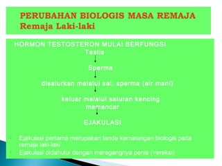 HORMON TESTOSTERON MULAI BERFUNGSI
Testis
Sperma
disalurkan melalui sal. sperma (air mani)
keluar melalui saluran kencing
memancar
EJAKULASI
 Ejakulasi pertama merupakan tanda kematangan biologis pada
remaja laki-laki
 Ejakulasi didahului dengan meregangnya penis (=ereksi)
 