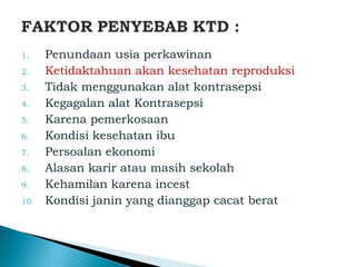 1. Penundaan usia perkawinan
2. Ketidaktahuan akan kesehatan reproduksi
3. Tidak menggunakan alat kontrasepsi
4. Kegagalan alat Kontrasepsi
5. Karena pemerkosaan
6. Kondisi kesehatan ibu
7. Persoalan ekonomi
8. Alasan karir atau masih sekolah
9. Kehamilan karena incest
10. Kondisi janin yang dianggap cacat berat
 