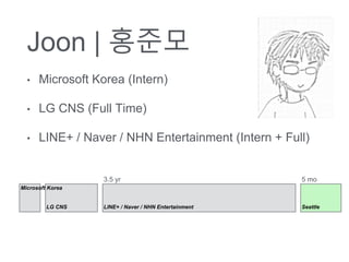 Joon | ???
? Microsoft Korea (Intern)
? LG CNS (Full Time)
? LINE+ / Naver / NHN Entertainment (Intern + Full)
Microsoft Korea
LG CNS LINE+ / Naver / NHN Entertainment Seattle
3.5 yr 5 mo
 