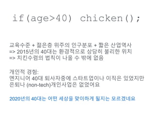 if(age>40) chicken();
???? + ??? ??? ???? + ?? ????
=> 2015?? 40?? ????? ??? ??? ??
=> ????? ??? ?? ? ?? ??
2020?? 40?? ?? ??? ???? ??? ?????
??? ??:
???? 40? ????? ?????? ??? ????
??? (non-tech)????? ????
 
