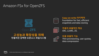 © 2022, Amazon Web Services, Inc. or its affiliates. All rights reserved.
Amazon FSx for OpenZFS
고성능과 확장성을 위해
만들어진 강력한 오픈소스 파일시스템
전용의 효율적인 캐싱
ARC, L2ARC, ZIL
Copy-on-write 아키텍처
Foundation for fast, efficient
snapshots and data cloning
비용 효율적 기능
Thin-provisioning, user quotas,
data compression
 