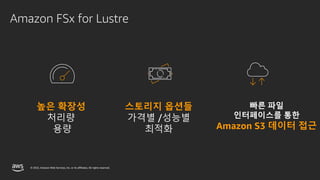 © 2022, Amazon Web Services, Inc. or its affiliates. All rights reserved.
Amazon FSx for Lustre
높은 확장성
처리량
용량
스토리지 옵션들
가격별 /성능별
최적화
빠른 파일
인터페이스를 통한
Amazon S3 데이터 접근
 