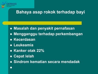 Bahaya asap rokok terhadap bayi
 Masalah dan penyakit pernafasan
 Mengganggu terhadap perkembangan
 Kecerdasan
 Leukeamia
 Kanker otak 22%
 Cepat lelah
 Sindrom kematian secara mendadak

 