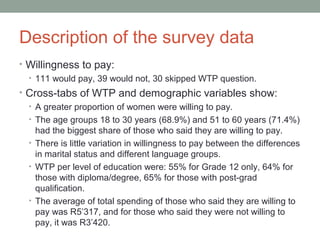 Description of the survey data
• Willingness to pay:
• 111 would pay, 39 would not, 30 skipped WTP question.
• Cross-tabs of WTP and demographic variables show:
• A greater proportion of women were willing to pay.
• The age groups 18 to 30 years (68.9%) and 51 to 60 years (71.4%)
had the biggest share of those who said they are willing to pay.
• There is little variation in willingness to pay between the differences
in marital status and different language groups.
• WTP per level of education were: 55% for Grade 12 only, 64% for
those with diploma/degree, 65% for those with post-grad
qualification.
• The average of total spending of those who said they are willing to
pay was R5’317, and for those who said they were not willing to
pay, it was R3’420.
 