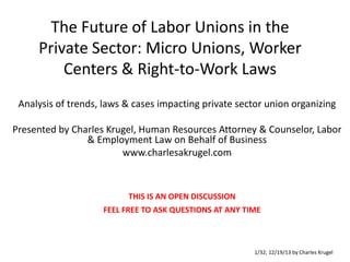 The Future of Labor Unions in the
Private Sector: Micro Unions, Worker
Centers & Right-to-Work Laws
Analysis of trends, laws & cases impacting private sector union organizing
Presented by Charles Krugel, Human Resources Attorney & Counselor, Labor
& Employment Law on Behalf of Business
www.charlesakrugel.com

THIS IS AN OPEN DISCUSSION
FEEL FREE TO ASK QUESTIONS AT ANY TIME

1/32; 12/19/13 by Charles Krugel

 