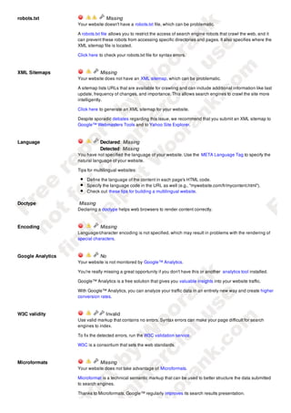 robots.txt                        Missing
                   Your website doesn't have a robots.txt file, which can be problematic.

                   A robots.txt file allows you to restrict the access of search engine robots that crawl the web, and it
                   can prevent these robots from accessing specific directories and pages. It also specifies where the
                   XML sitemap file is located.

                   Click here to check your robots.txt file for syntax errors.


XML Sitemaps                   Missing
                   Your website does not have an XML sitemap, which can be problematic.

                   A sitemap lists URLs that are available for crawling and can include additional information like last
                   update, frequency of changes, and importance. This allows search engines to crawl the site more
                   intelligently.

                   Click here to generate an XML sitemap for your website.

                   Despite sporadic debates regarding this issue, we recommend that you submit an XML sitemap to
                   Google™ Webmasters Tools and to Yahoo Site Explorer.



Language                       Declared: Missing
                               Detected: Missing
                   You have not specified the language of your website. Use the META Language Tag to specify the
                   natural language of your website.

                   Tips for multilingual websites:

                       Define the language of the content in each page's HTML code.
                       Specify the language code in the URL as well (e.g., "mywebsite.com/fr/mycontent.html").
                       Check out these tips for building a multilingual website.

Doctype            Missing
                   Declaring a doctype helps web browsers to render content correctly.



Encoding                       Missing
                   Language/character encoding is not specified, which may result in problems with the rendering of
                   special characters.


Google Analytics               No
                   Your website is not monitored by Google™ Analytics.

                   You're really missing a great opportunity if you don't have this or another analytics tool installed.

                   Google™ Analytics is a free solution that gives you valuable insights into your website traffic.

                   With Google™ Analytics, you can analyze your traffic data in an entirely new way and create higher
                   conversion rates.


W3C validity                      Invalid
                   Use valid markup that contains no errors. Syntax errors can make your page difficult for search
                   engines to index.

                   To fix the detected errors, run the W3C validation service.

                   W3C is a consortium that sets the web standards.


Microformats                   Missing
                   Your website does not take advantage of Microformats.

                   Microformat is a technical semantic markup that can be used to better structure the data submitted
                   to search engines.

                   Thanks to Microformats, Google™ regularly improves its search results presentation.
 