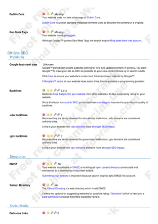 Dublin Core                          Missing
                          Your website does not take advantage of Dublin Core.

                          Dublin Core is a set of standard metadata elements used to describe the contents of a website.


 Geo Meta Tags                        Missing
                          Your website is not geotagged.

                          Although Google™ ignores Geo-Meta Tags, the search engine Bing takes them into account.




Off-Site SEO
 Popularity

 Google last crawl date   Unknown
                          Google™ periodically crawls websites looking for new and updated content. In general, you want
                          Google™ to crawl your site as often as possible so your new content shows up in search results.

                          Click here to ensure your website's content and links have been indexed by Google™.

                          If Google's™ cache of your website lacks text or links, there's probably a programming problem.



 Backlinks                                   2,310
                          Backlinks links that point to your website from other websites. It's like a popularity rating for your
                          website.

                          Since this factor is crucial to SEO, you should have a strategy to improve the quantity and quality of
                          backlinks.



 .edu backlinks                              0
                          Because they are strictly reserved for educational institutions, .edu domains are considered
                          authority sites.

                          Links to your website from .edu domains have stronger SEO impact.



 .gov backlinks                              0
                          Because they are strictly reserved for government institutions, .gov domains are considered
                          authority sites.

                          Links to your website from .gov domains domains have stronger SEO impact.


 Directories

 DMOZ                                    No
                          Your website is not listed in DMOZ, a multilingual open content directory constructed and
                          maintained by a community of volunteer editors.

                          Submitting your website is important because search engines take DMOZ into account.



 Yahoo! Directory                     No
                          The Yahoo! Directory is a web directory which rivals DMOZ.

                          It offers two options for suggesting websites for possible listing: "Standard" (which is free) and a
                          paid submission process that offers expedited review.


 Social Media

 Delicious links                         0
 
