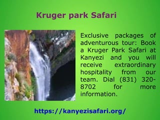 Kruger park Safari
Exclusive packages of
adventurous tour: Book
a Kruger Park Safari at
Kanyezi and you will
receive extraordinary
hospitality from our
team. Dial (831) 320-
8702 for more
information.
https://kanyezisafari.org/
 