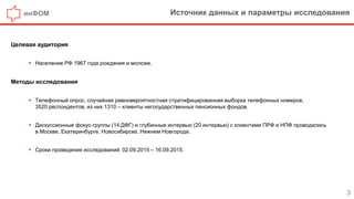 инФОМ Источник данных и параметры исследования
3
Целевая аудитория
 Население РФ 1967 года рождения и моложе.
Методы исследования
 Телефонный опрос, случайная равновероятностная стратифицированная выборка телефонных номеров,
3520 респондентов, из них 1310 – клиенты негосударственных пенсионных фондов.
 Дискуссионные фокус-группы (14 ДФГ) и глубинные интервью (20 интервью) с клиентами ПРФ и НПФ проводились
в Москве, Екатеринбурге, Новосибирске, Нижнем Новгороде.
 Сроки проведения исследований: 02.09.2015 – 16.09.2015.
 