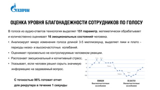 ОЦЕНКА УРОВНЯ БЛАГОНАДЕЖНОСТИ СОТРУДНИКОВ ПО ГОЛОСУ
В голосе из аудио-ответов технология выделяет 151 параметр, математически обрабатывает
и количественно оценивает 16 эмоциональных состояний человека.
• Анализирует микро изменения голоса длиной 3-5 миллисекунд, выделяет пики и плато -
периоды низко- и высокочастотных колебаний.
• Оценивает произвольно не контролируемые человеком реакции.
• Распознает эмоциональный и когнитивный стресс.
• Указывает, если человек решил скрыть значимую
информацию на задаваемый вопрос.
С точностью 96% готовит отчет
для рекрутера в течение 1 секунды
ПИКИ
Высокочастотные
колебания
ПЛАТО
Низкочастотные
колебания
 