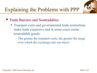 Slide 15-24
Copyright © 2003 Pearson Education, Inc.
 Trade Barriers and Nontradables
• Transport costs and governmental trade restrictions
make trade expensive and in some cases create
nontradable goods.
– The greater the transport costs, the greater the range
over which the exchange rate can move.
Explaining the Problems with PPP
 