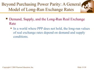Slide 15-30
Copyright © 2003 Pearson Education, Inc.
 Demand, Supply, and the Long-Run Real Exchange
Rate
• In a world where PPP does not hold, the long-run values
of real exchange rates depend on demand and supply
conditions.
Beyond Purchasing Power Parity: A General
Model of Long-Run Exchange Rates
 