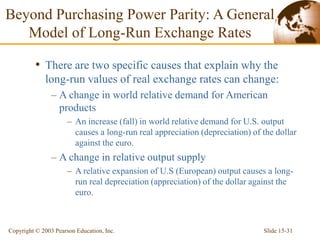 Slide 15-31
Copyright © 2003 Pearson Education, Inc.
• There are two specific causes that explain why the
long-run values of real exchange rates can change:
– A change in world relative demand for American
products
– An increase (fall) in world relative demand for U.S. output
causes a long-run real appreciation (depreciation) of the dollar
against the euro.
– A change in relative output supply
– A relative expansion of U.S (European) output causes a long-
run real depreciation (appreciation) of the dollar against the
euro.
Beyond Purchasing Power Parity: A General
Model of Long-Run Exchange Rates
 