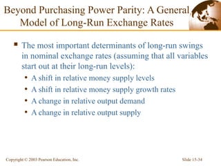 Slide 15-34
Copyright © 2003 Pearson Education, Inc.
 The most important determinants of long-run swings
in nominal exchange rates (assuming that all variables
start out at their long-run levels):
• A shift in relative money supply levels
• A shift in relative money supply growth rates
• A change in relative output demand
• A change in relative output supply
Beyond Purchasing Power Parity: A General
Model of Long-Run Exchange Rates
 