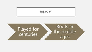 HISTORY
Played for
centuries
Roots in
the middle
ages
