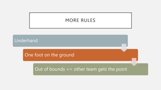 MORE RULES
Underhand
One foot on the ground
Out of bounds => other team gets the point
