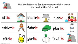 attic
athletic
citric
electric
fabric
garlic
picnic
plastic
traffic
Use the letters ic for two or more syllable words
that end in the /k/ sound
 